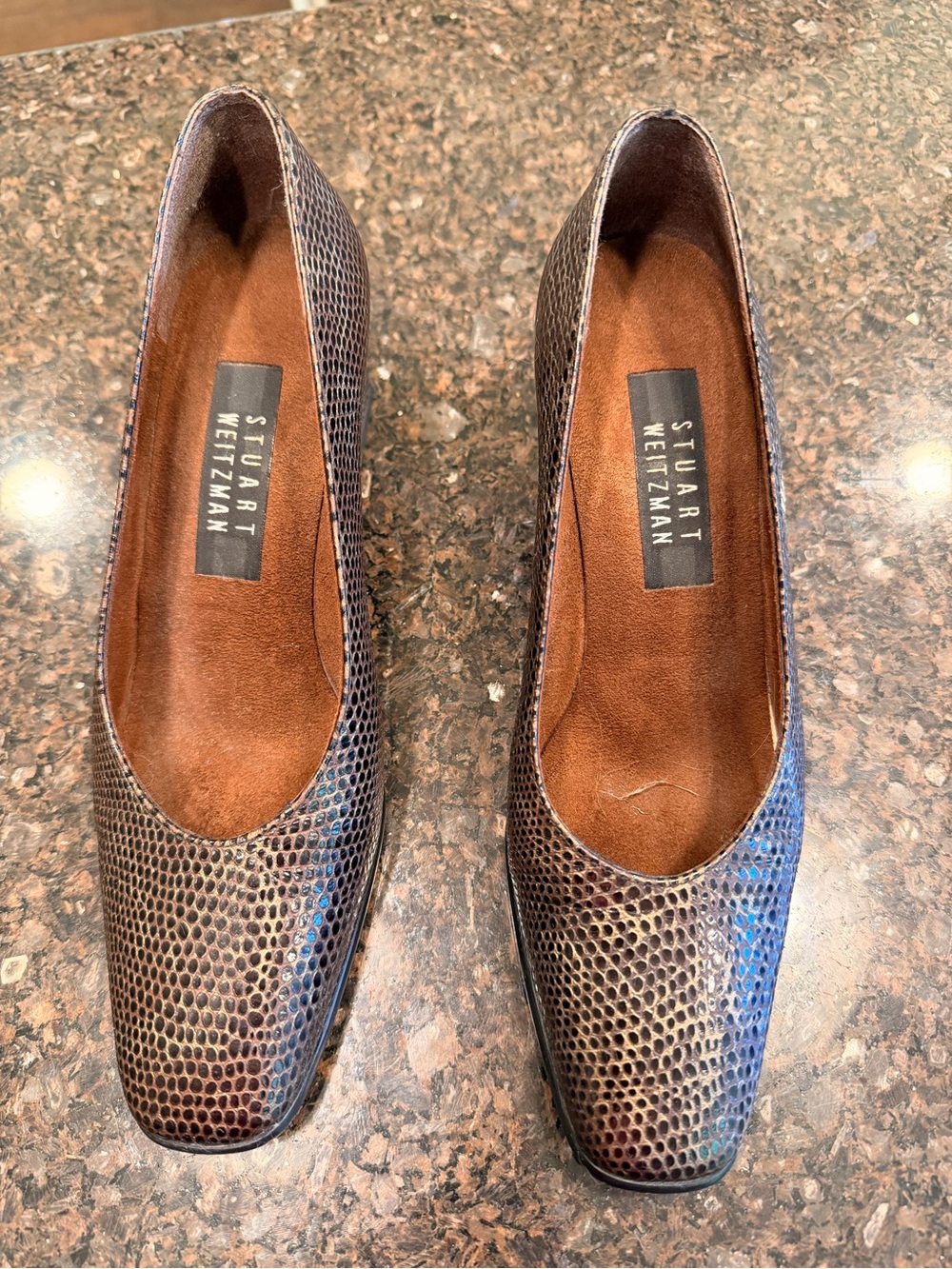 Stuart Weitzman Snake-Embossed Pumps in Brown